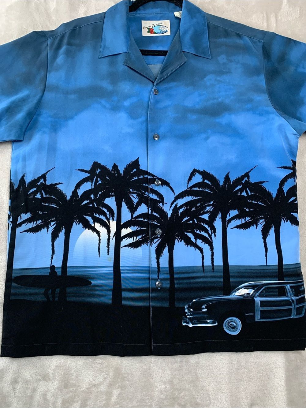 Ocean Current Blue Camp Shirt with Floral Wave Patch